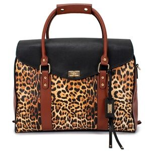 Badgley Mischka Leopard Weekender Satchel Travel Bag Black Cognac Trim NWOT